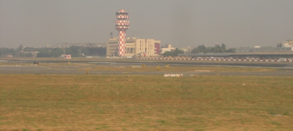 Mumbai Airport's red and white tower